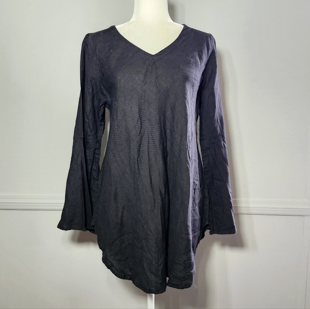 Linen Flowy V Neck Hippie Style Bell Sleeve Lightweight Tunic Top
